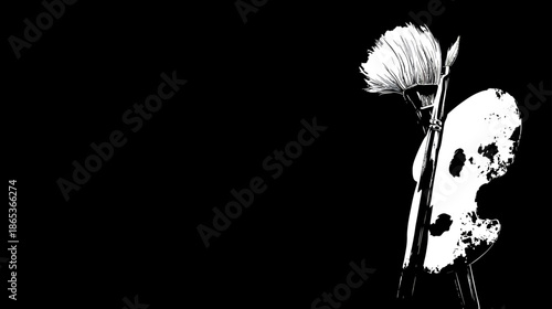 High contrast monochrome graphic of an artist's paint palette and paintbrush, symbolizing creativity, artistic expression, and hobby.