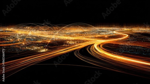 Wallpaper Mural Vibrant orange light trails streak across a dark, futuristic cityscape representing data flow and connectivity. Torontodigital.ca