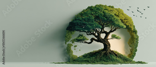 Sustainability Recycling Nature Ecology Growth Tree Forming Circular Eco Symbol Representing Hope on Minimal Background, Copy Space