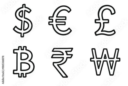 Currency symbols silhouette icon set. featuring dollar, euro, pound, bitcoin, rupee, and won symbols