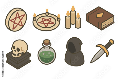 Witchcraft flat icon set. featuring pentagram, candles, book, skull, potion, hooded cloak, and dagger symbols