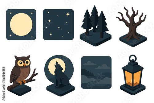 Forest night flat icon set. featuring moon, stars, trees, bare tree, owl, wolf, landscape, lantern