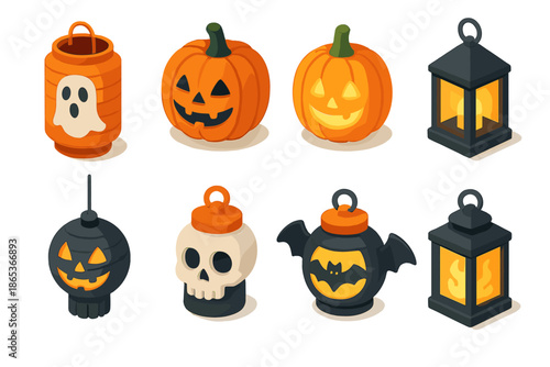 Halloween decorations flat icon set. featuring lantern, pumpkin, jack-o'-lantern, skull, and bat symbols