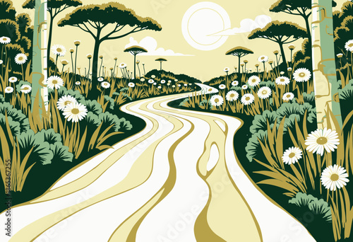 Serene Countryside Path Winding Through Lush Greenery and Daisies Under a Bright Golden Sunlit Sky