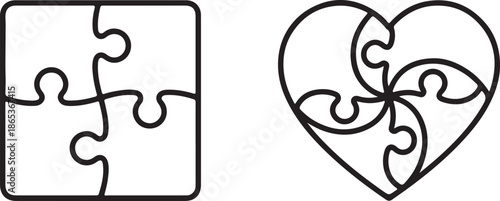 Simple line illustrations of a square puzzle and a heart shaped puzzle with connected pieces