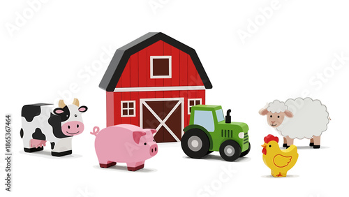 Colorful farm animals and tractor in front of red barn