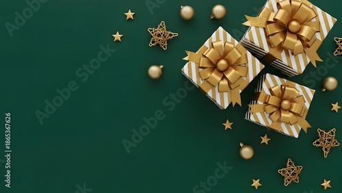 A festive arrangement of gifts and decorations perfect for a holiday occasion. There are gift boxes wrapped in gold ribbons, alongside scattered ornaments and stars