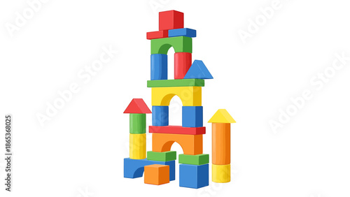 Vibrant colorful wooden toy blocks stacked as a castle