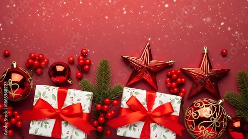 Festive holiday Christmas decorations arranged against a rich red background with a sprinkling of snowflakes. The scene includes wrapped gifts, shiny ornaments, and a sprig of greenery