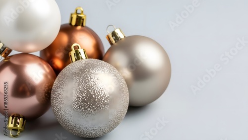 Elegant collection of Christmas ornaments, each with a unique metallic finish, creating a festive display. The ornaments are carefully arranged, showcasing their individual beauty.