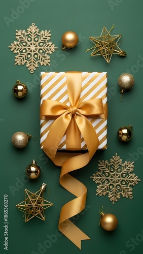 Elegant Christmas gift wrapped with a gold ribbon, surrounded by decorations in a festive, top-down view.  The Christmas setting features a variety of ornaments arranged creatively.