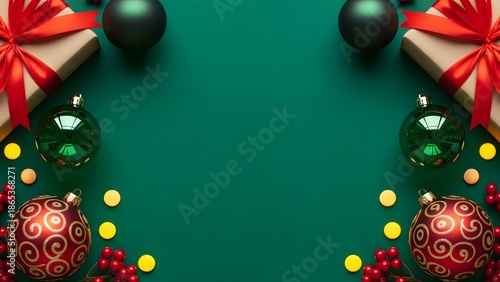 Festive Holiday Decorations for a Joyful Season. This image showcases a vibrant scene of holiday decorations, featuring gift boxes, ornaments, and more, ideal for capturing the spirit of celebration