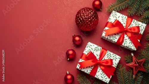 Festive Christmas gifts and decorations arranged on a red background, creating a cheerful holiday atmosphere. The gifts are wrapped with festive paper and red ribbons.