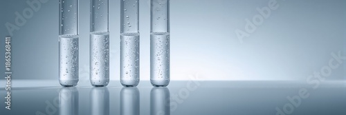 Four clear test tubes filled with bubbling transparent liquid. Laboratory experiment for scientific research and chemical analysis. Medical and pharma concept.