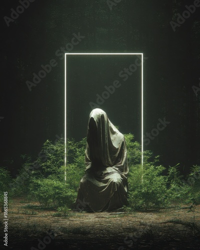 Mysterious Figure in Lush Green Forest Environment