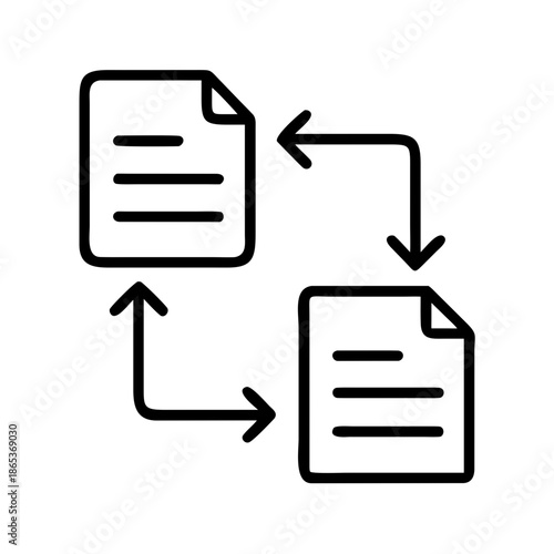 Data synchronization concept illustrated with two files and circular arrows, exchange