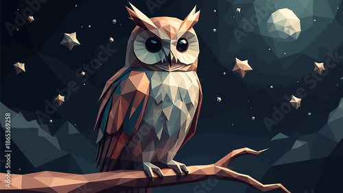 Low poly owl perched on branch under starry night sky with moon
