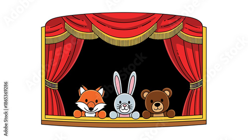 Friendly cartoon animals on a stage with red curtains open wide