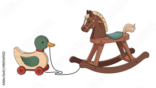Vintage wooden toy horse and duck on wheels for nostalgic childhood fun