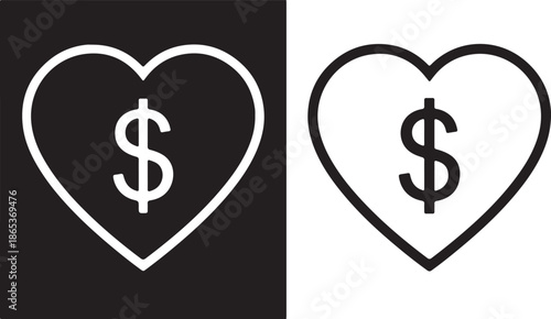 A clear dollar sign placed centrally inside a heart symbol, presented in both solid and outline forms