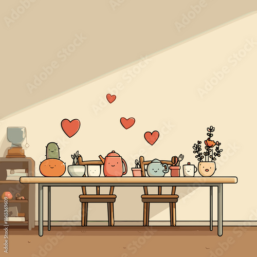 Cozy dinner table scene with cute objects and floating hearts creating warm romantic home atmosphere