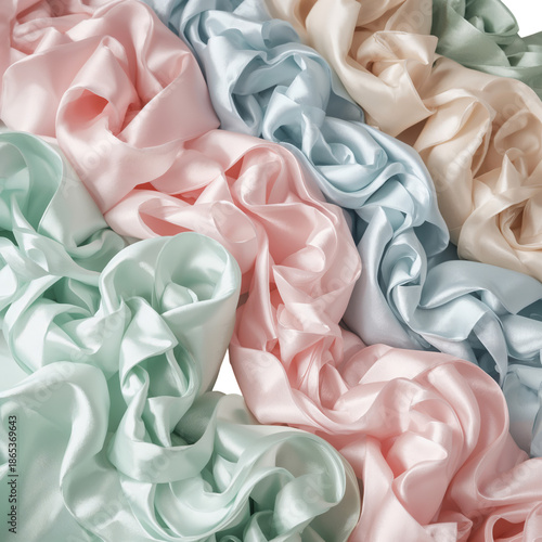 Colorful Silk Fabric Arranged on a Flat Surface Showing Various Shades and Te...