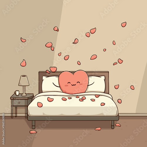 Cute heart on a bed surrounded by falling petals in a gentle pastel illustration symbolizing love comfort and romance