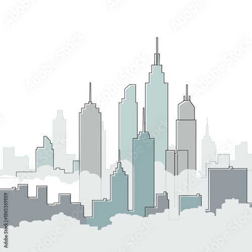 Blue toned foggy cityscape illustration for urban sadness or Blue Monday themes