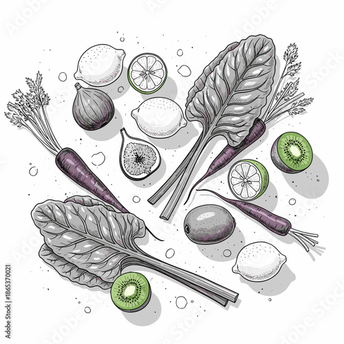 Vintage engraving of assorted vegetables and fruits for Veganuary, plant-based nutrition and eco lifestyle visuals