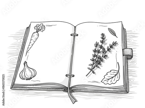 Open vegan recipe book with herbs and vegetables in engraving style for Veganuary cooking and natural food inspiration