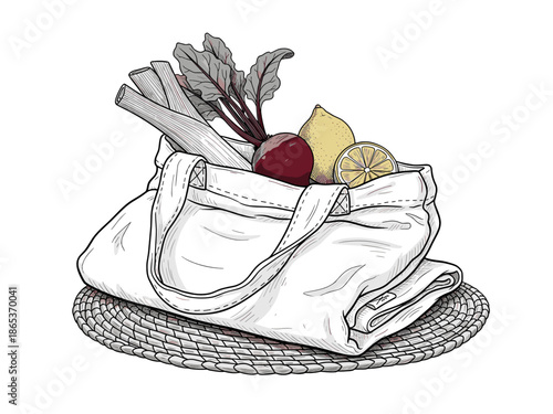Reusable bag with fresh vegetables and fruits in vintage style for Veganuary, zero waste and plant-based lifestyle visuals