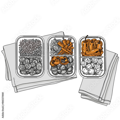 Vegan meal prep containers with vegetables and grains in flat style for Veganuary food planning