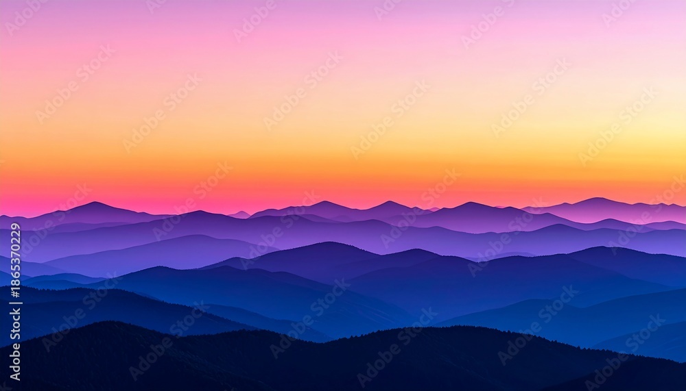 Obraz premium Silhouetted mountain ranges in graduated blues and purples under a vibrant sunset sky