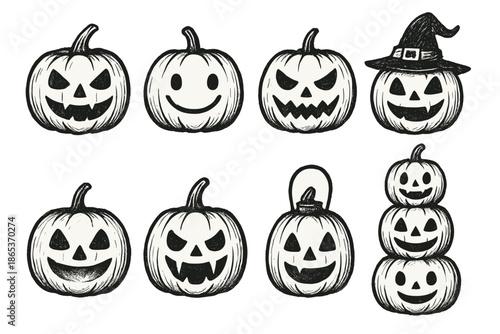 Halloween silhouette icon set. featuring pumpkin faces, jack-o'-lanterns, spooky hats, and stacked pumpkins