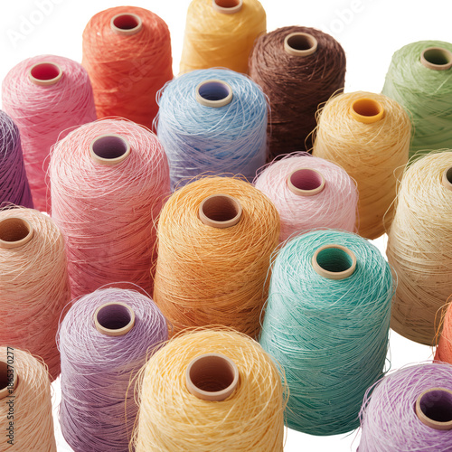 Colorful Spools of Thread Arranged in a Circle on a White Surface for Craftin...