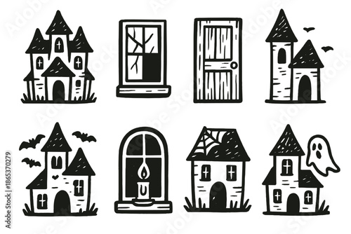 Halloween haunted house silhouette icon set. featuring castle, window, door, tower, bat, ghost, candle, cobweb