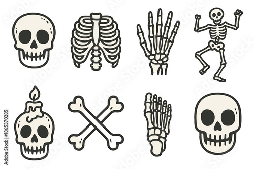 Halloween skeleton silhouette icon set. featuring skull, ribcage, skeleton, crossed bones, hand, foot, candle