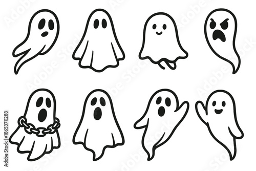 Halloween ghosts linear icon set. featuring scared, angry, cute, happy, spooky, floating, chain, and friendly symbols