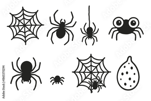Spooky silhouette icon set. featuring spider web, spider, bug, and cocoon symbols