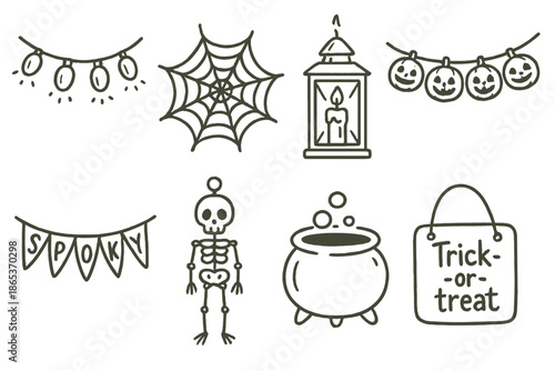 Halloween decorations linear icon set. featuring string lights, cobweb, lantern, banner, skeleton, cauldron, and sign