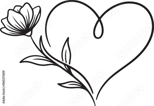 A delicate black outline drawing of a blooming flower connected to a flowing heart shape