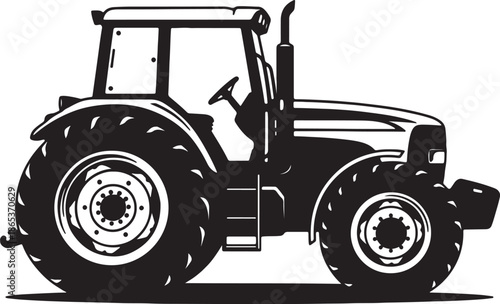 Black and white line of a tractor with large rear tires and a driver's seat also transparent background