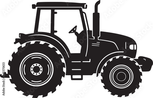 Black and white line of a tractor with large rear wheels and a driver inside the cabin also transparent background