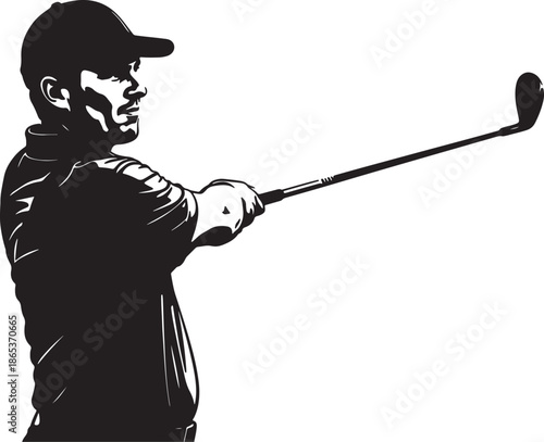 Black and white of a man holding a golf club in a swinging position also transparent background