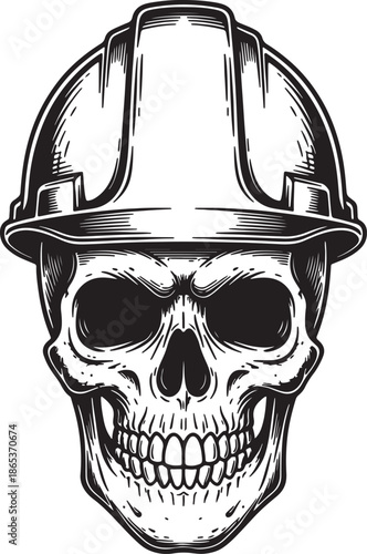 Black and white of a skull wearing a hard hat with detailed shading and texture also transparent background
