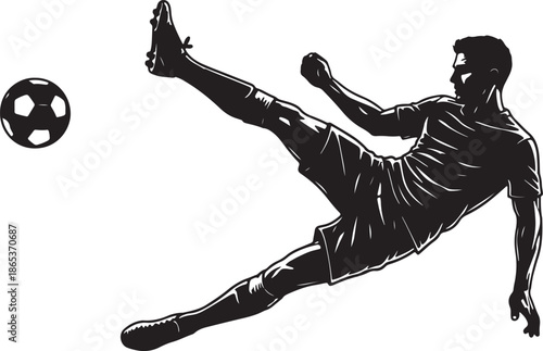 Black and white of a soccer player kicking a ball with a transparent background also transparent background
