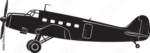 Black and white outline of a vintage propeller airplane with windows and landing gear also transparent background