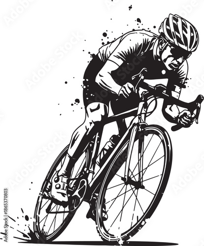 Cyclist racing on a bicycle with intense focus and dynamic motion in black and white also transparent background