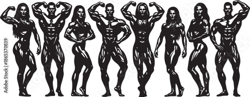 Group of muscular men and women posing in black and white silhouette style also transparent background