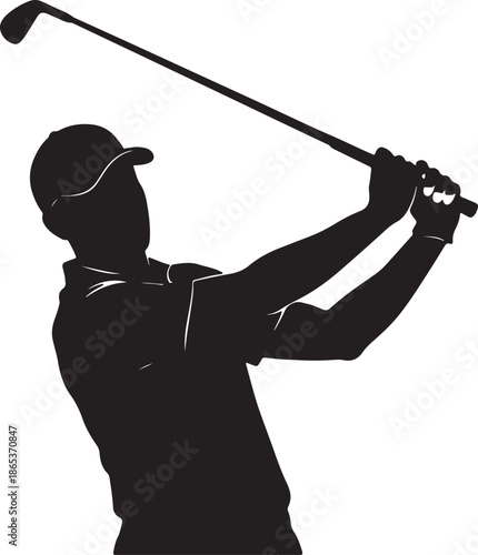 Silhouette of a golfer in mid-swing with a golf club also transparent background